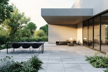 Poster - A sleek and minimalistic patio design featuring modern furniture and a large table under a concrete overhang, surrounded by lush greenery and natural light.