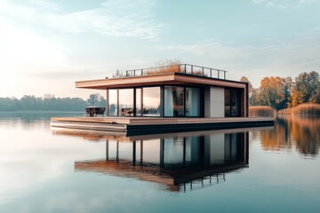 Aufkleber - A contemporary wooden house with a rooftop terrace floats on a still lake, surrounded by trees, highlighting sustainability and escape in a harmonious setting.
