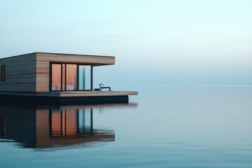 Leinwandbilder - A wooden floating house offering expansive views across a tranquil lake, highlighting minimalist design with warm wood tones and floor-to-ceiling windows.