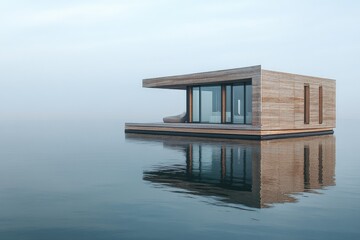 Leinwandbilder - A minimalist floating house situated in calm waters, showcasing modern design with natural wood elements, large glass windows, and a peaceful reflection on the water.