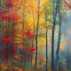 Wall Mural - Autumn mountain peak with a panoramic view of mixed-colored forests 