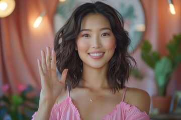 A young woman with dark hair and a pink top smiles and waves to the camera.