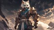 © Khukrit - Formidable Fox-Masked Warrior in Towering Mechanical Armor against Stormy Skies