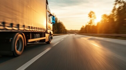 A truck is speeding along a highway as the sun sets, casting warm golden hues across the horizon. The road and surroundings suggest a sense of motion and urgency.