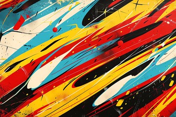 Poster - Abstract colorful diagonal lines with grunge textures and paint splatters in red, yellow, blue, and black colors.