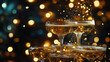 © Tulakarn - Elegant champagne tower with bubbling golden liquid cascading down crystal glasses, soft bokeh lights in background