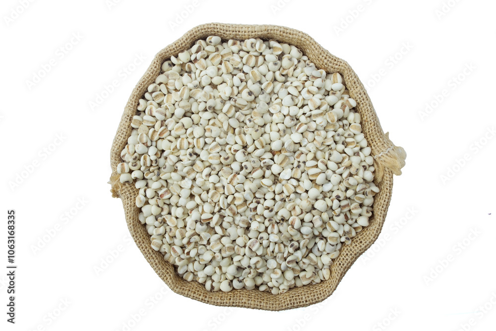 Job's tears or adlay or adlay millet, in sack back top view flat lay ...