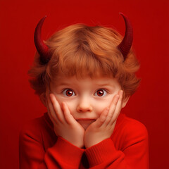 A young child with red horns and a surprised expression against a bright red background in autumn