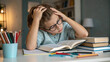 © Татевик Багдасарян - A young girl wearing glasses struggles with her homework, sitting at a desk with books and pencils, depicting study stress.