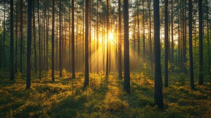 Wall Mural - A dense pine forest full of tall trees, sunlight through the branches, creating a peaceful atmosphere