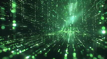 Poster - Abstract green digital tunnel with particles and light streaks.