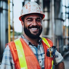 Engineer holding safety equipment and smiling at the camera