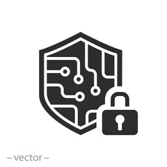 data information protect, cyber security icon, digital system safety, shield, padlock and circuit microchip, flat vector illustration