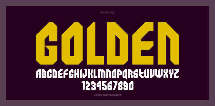 Urban massive geometric font for logos and emblems, minimal strong vector typeface, typography with no round elements, only corners and straight lines geometry.