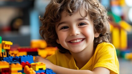 A young boy with curly hair smiles while playing with colorful building blocks.