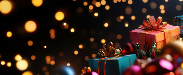 Wall Mural - festive gift boxes with bokeh lights and christmas decorations