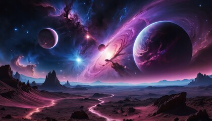 majestic alien landscape with colorful nebula and planets in distant space for science fiction and f