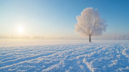 Wall Mural - A vast snowy field stretching toward the horizon, with a few lone trees standing tall and frost covering the ground