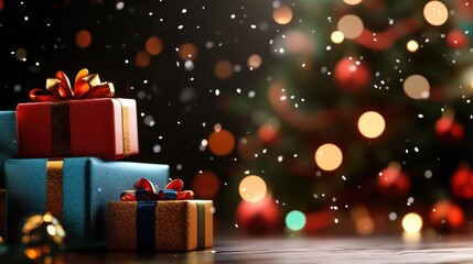 Wall Mural - christmas gift boxes and festive lights with snowfall