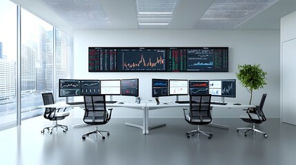 Leinwandbilder - Sleek and sophisticated financial office setting with various computers and screens showcasing detailed market analyses and data visualizations