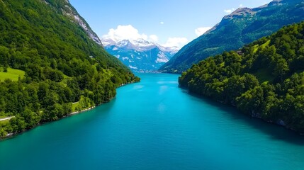 Poster - Breathtaking turquoise alpine lake surrounded by lush green mountains reflecting the clear blue sky in a serene and picturesque landscape in the Swiss Alps