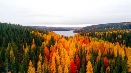 Aufkleber - Breathtaking panoramic view of a vibrant autumn forest in Canada with a stunning display of golden red and orange leaves covering the lush scenic landscape