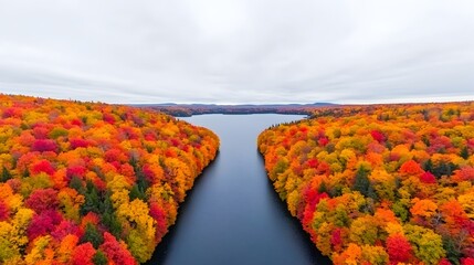 Poster - Stunning panoramic view of a Canadian forest in the autumn season featuring a serene landscape blanketed in a tapestry of vibrant orange red and golden leaves