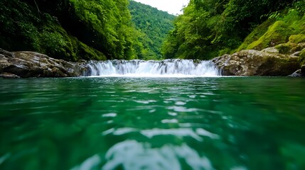 Aufkleber - Majestic waterfall surrounded by lush verdant tropical forest and cascading into a serene river in the heart of Costa Rica s breathtaking natural landscape