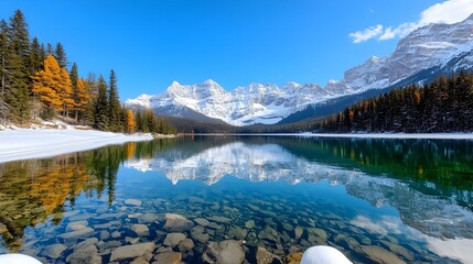 Aufkleber - Majestic snow capped mountain peaks towering over a serene emerald green alpine lake in the stunning landscape of Banff National Park Canada