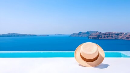 Poster - Stunning crystal blue lagoon surrounded by majestic volcanic cliffs in the picturesque island of Santorini Greece