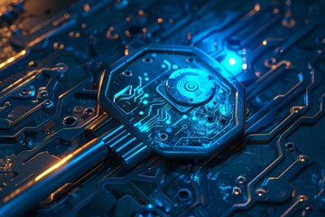 Poster - Digital key resting on a circuit board, symbolizing cybersecurity and access to digital information
