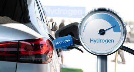 Aufkleber - Close up of fuel cell car with connected hydrogen fueling nozzle