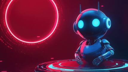 Poster - 3D abstract digital AI robot floating above a light red neon portal. Technology innovation background. Cute blue polygonal futuristic bot assistant. Tech bg. Low poly wireframe vector illustration.