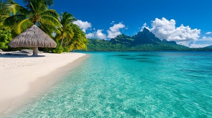 Aufkleber - Tranquil Turquoise Shores of Bora Bora s Pristine Lagoon   Peaceful white sand beach with crystal clear azure waters in the exotic paradise of French Polynesia
