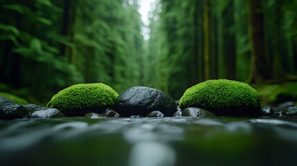 Poster - Serene and peaceful forest stream flowing gently over a bed of mossy rocks in the lush and pristine wilderness of the Pacific Northwest region of the United States