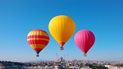 Poster - Vibrant hot air balloons gracefully sailing over the stunning rock formations of the Cappadocia region in Turkey creating a captivating and enchanting aerial landscape