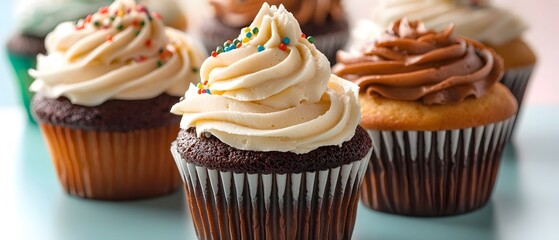 Leinwandbilder - Delicious and visually appealing assortment of gourmet cupcakes with creamy buttercream frosting and colorful sprinkles arranged on a pastel colored background