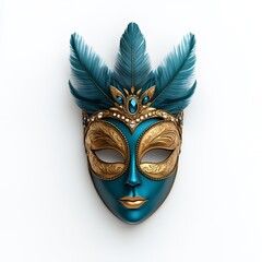 Blue and gold Venetian masquerade mask with feathers and jewels.