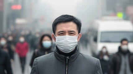 A man wearing a mask stands out in a crowded, foggy street, reflecting urban life amidst health concerns and environmental issues.