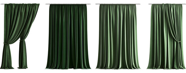 Wall Mural - Set/collection of long, velvet, green curtains with pleats. Isolated on a transparent background.