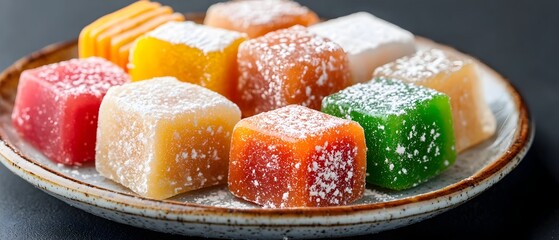 Fototapete - Assortment of traditional Turkish delight confections in pastel shades of pink green and white elegantly arranged on a ceramic serving plate with a textured background