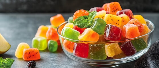 Fototapete - A delightful arrangement of rainbow colored fruit jellies presented in a clear glass bowl creating a visually appealing and tempting display of sweet and colorful confections