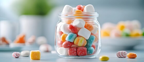 Fototapete - Vibrant Display of an Assortment of Mouthwatering Marshmallows and Candies Artfully Arranged in a Glass Jar Evoking a Sense of Playful Indulgence and Temptation