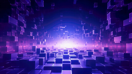Poster - An abstract digital matrix composed of purple cubes extending into the distance, creating a high-tech and futuristic vision.
