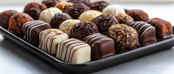 Poster - An exquisite arrangement of artisanal dark milk and white chocolate truffles adorned with gleaming gold accents showcasing the decadence and craftsmanship of premium confectionery