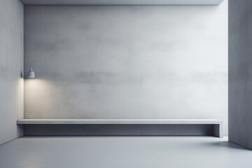 Poster - A minimalist room featuring a simple bench and a single wall lamp casting a soft glow on the concrete backdrop.