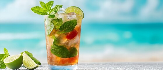 Closeup of a tall glass of refreshing mojito cocktail with fresh mint leaves lime wedges and ice cubes placed on a wooden beach table against a blurred tropical background