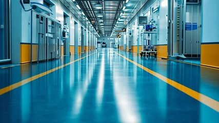 Poster - A long, empty hallway with blue and yellow floor and bright lights