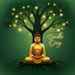 A peaceful image of Buddha meditating under the Bodhi Tree, celebrating Bodhi Day. This serene scene represents enlightenment, spirituality, and the path to inner peace in Buddhism