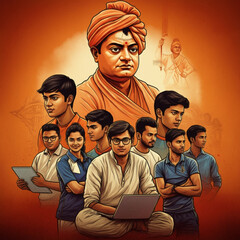 Portrait of Swami Vivekananda with young followers, symbolizing inspiration and motivation for the youth on National Youth Day